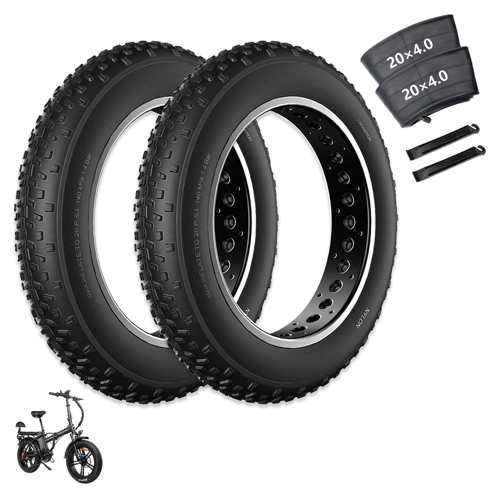 20x4 Fat Bike Tire Replacement Kit, 20x4.0 Inch Electric Bicycle Snow Mountain E-Bike Tires, Folding Ebike Fat Tire Tubes and Tire Levers Compatible Wide Mountain Snow Bike Tires 2PCS