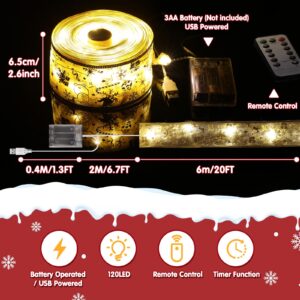 Lecone Christmas Tree Decorations, 2 Pack Christmas Ribbon Lights 40Ft 120 LED Copper Wire Fairy Lights with 8 Modes & Timer, USB or Battery Operated Christmas Lights for Tree Indoor (Warm Light)