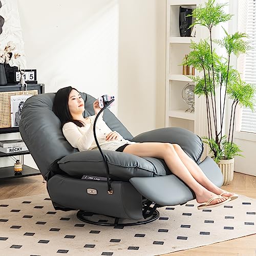 Deolme Oversized Electric Recliner Chair, Swivel Glider Rocker Rocking Chair for Adults Modern Ergonomic Lounge for Living Room Smart Voice Control Theater Seating (Drak Grey, Faux Leather)