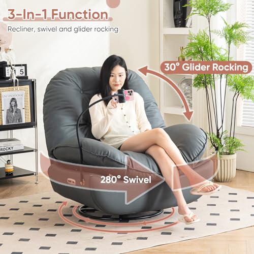 Deolme Oversized Electric Recliner Chair, Swivel Glider Rocker Rocking Chair for Adults Modern Ergonomic Lounge for Living Room Smart Voice Control Theater Seating (Drak Grey, Faux Leather)