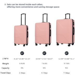 Merax Luggage Set 3-Piece Hardside Expandable Suitcase with TSA Lock Spinner Wheels, Lightweight, Pink, 20/24/28