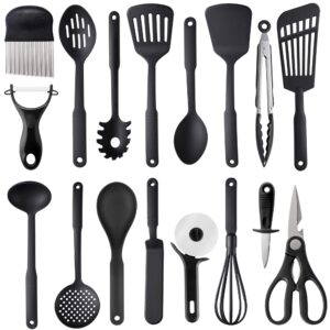 kitchen utensils set, 17pcs cooking utensils set, 410f° heat resistant & non-stick food nylon kitchen gadgets accessories for cookware, bpa free kitchen tools (black)
