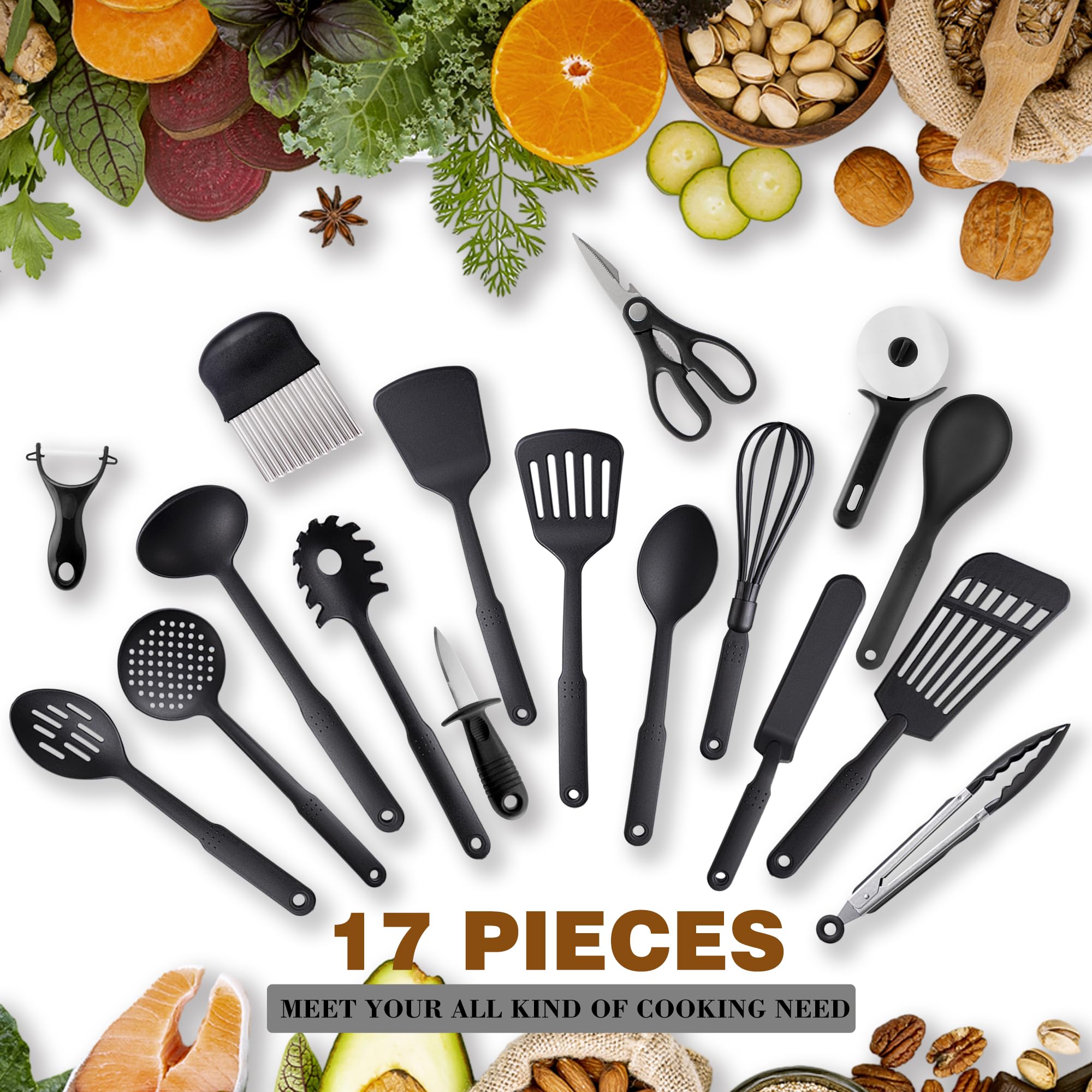 Kitchen Utensils Set, 17PCS Cooking Utensils Set, 410F° Heat Resistant & Non-stick Food Nylon Kitchen Gadgets Accessories For Cookware, BPA Free Kitchen Tools (Black)