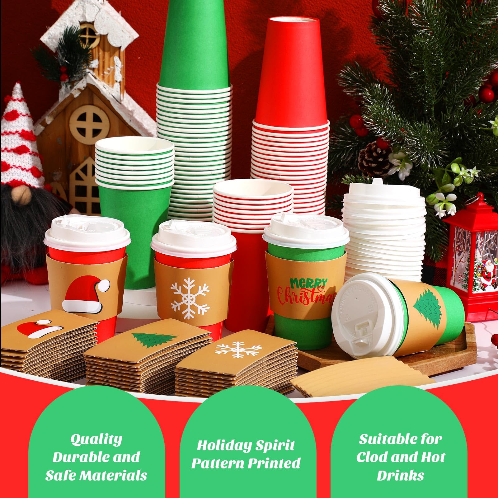 Ziliny 200 Pack 12 oz Christmas Cups with Lids and Coffee Cup Sleeves Red Green Disposable Christmas Paper Coffee Cups for Beverage Chocolate Tea Cocoa Xmas Holiday Table Decorations Party Favors