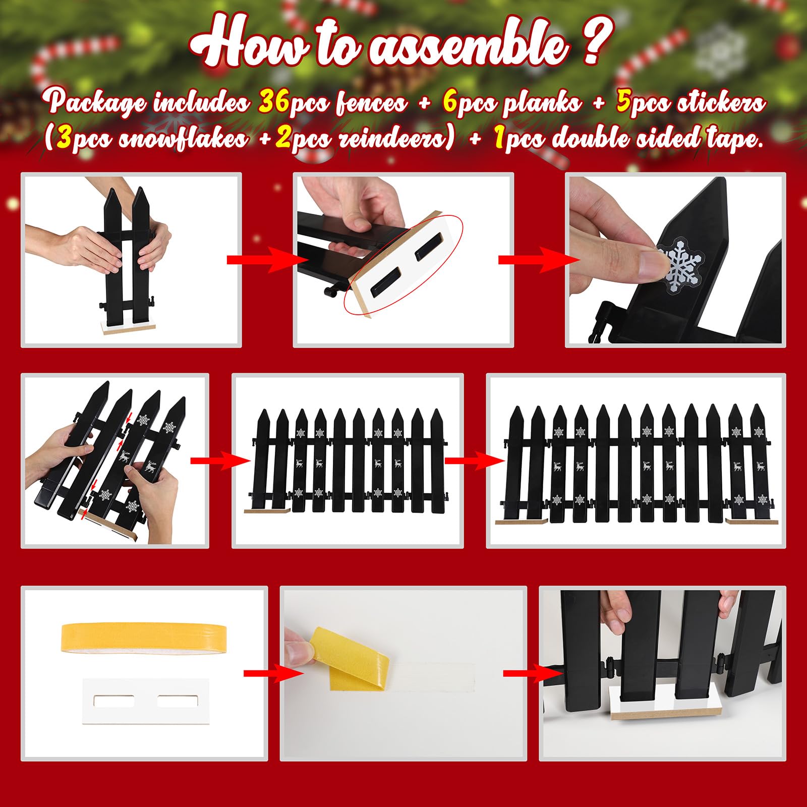 36PCS Christmas Tree Fence Black Decorations - Xmas Indoor Outdoor Gate for Pet Garden Plastic Picket Fences Party Decor (Assembly Needed)