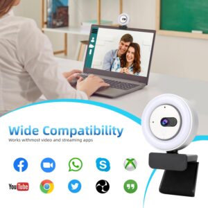 TENFISH 2K Webcam,HD Autofocus Webcam with Microphone, Adjustable Ring Light Web Camera Video Cam with Privacy Cover Webcams for Pc Webcams & voip Equipment,Mac Compatible Webcams