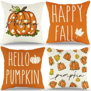 HiParty Fall Decor Pillow Covers 18x18, Set of 4 Orange Pumpkin Pillows Cover Happy Fall Outdoor Farmhouse Decorative Throw Pillows Covers for Couch Sofa Autumn Thanksgiving Cushion Decoration