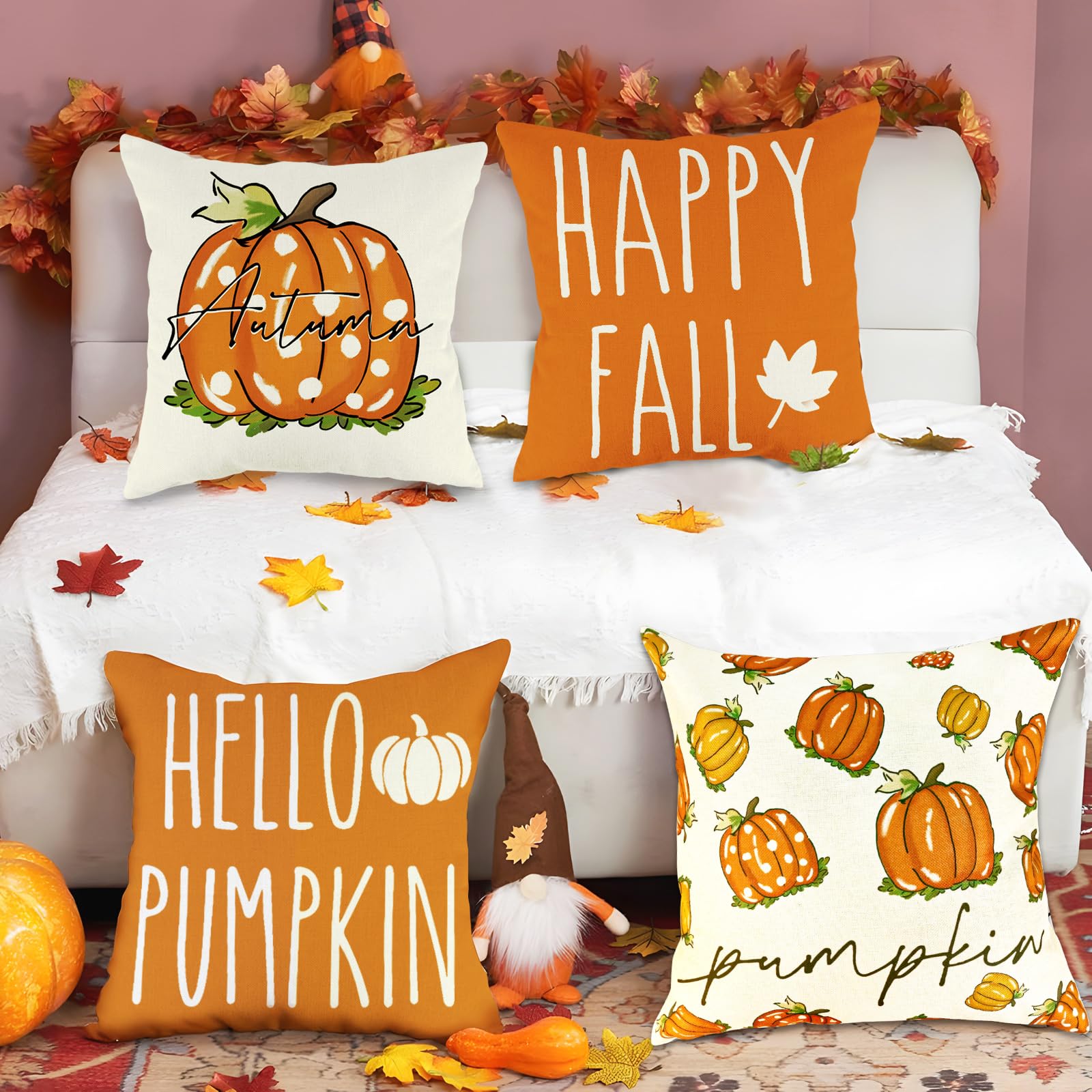 HiParty Fall Decor Pillow Covers 18x18, Set of 4 Orange Pumpkin Pillows Cover Happy Fall Outdoor Farmhouse Decorative Throw Pillows Covers for Couch Sofa Autumn Thanksgiving Cushion Decoration