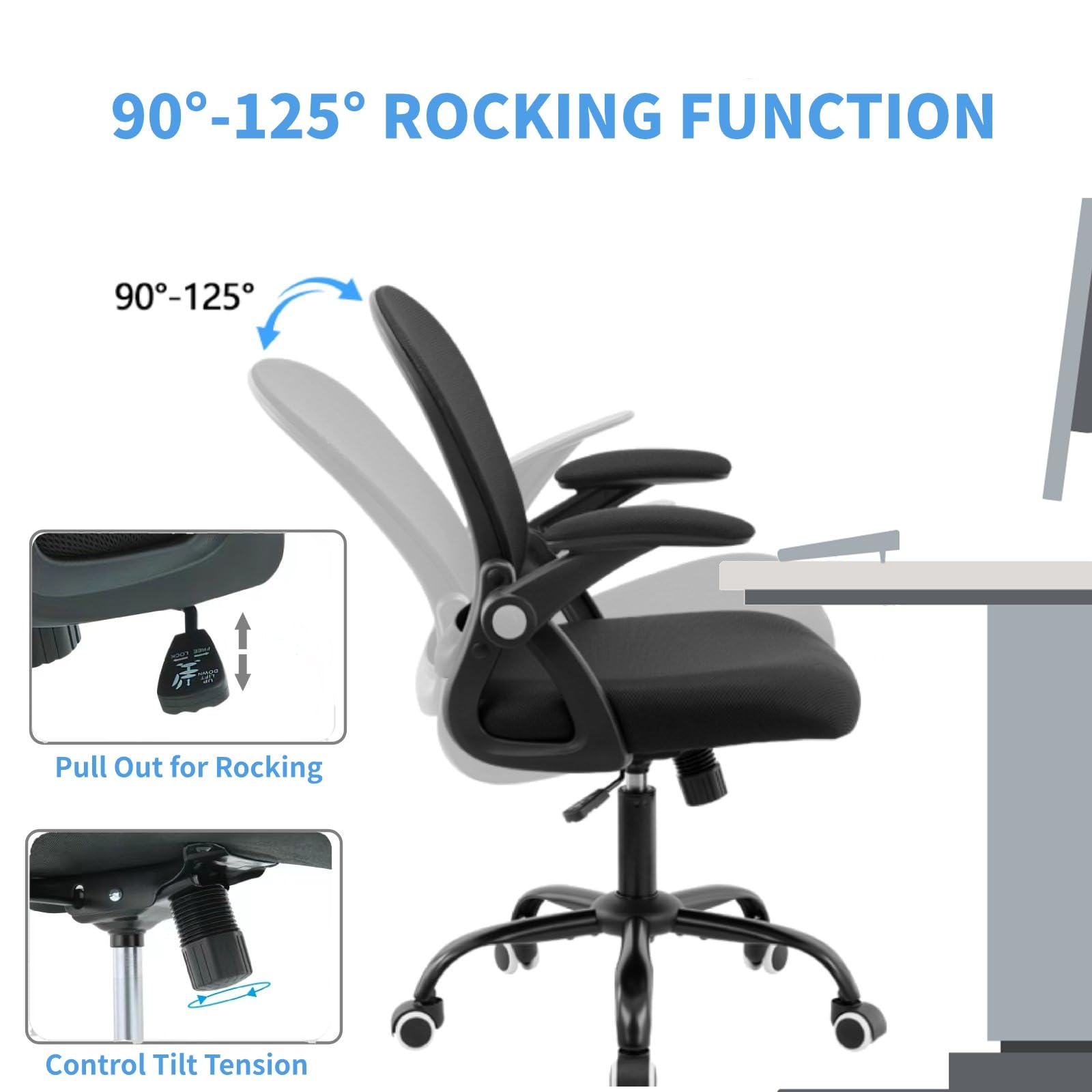 Office Chair Desk Chair, Ergonomic Home Office Task Chairs, Executive Task Chair, Adjustable MidBack Computer Gaming Chair, Flip-up Armrests 360° Swivel Breathable Mesh Back Chair, Black