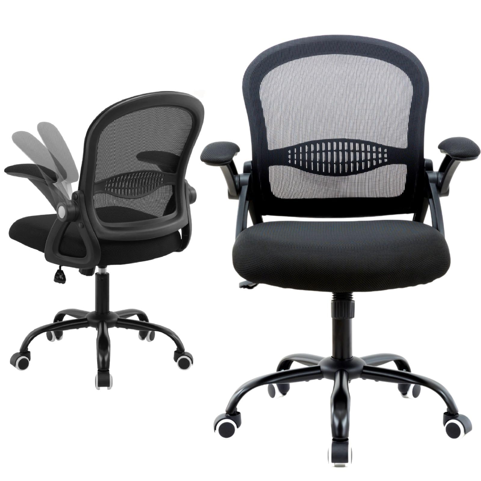 Office Chair Desk Chair, Ergonomic Home Office Task Chairs, Executive Task Chair, Adjustable MidBack Computer Gaming Chair, Flip-up Armrests 360° Swivel Breathable Mesh Back Chair, Black