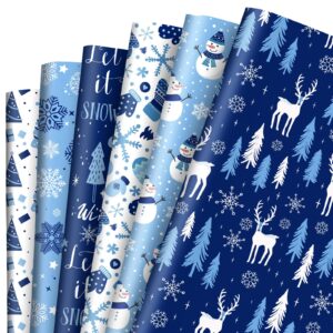 AnyDesign 12 Sheet Christmas Wrapping Paper Blue White Winter Gift Wrap Paper Bulk Snowman Snowflakes Xmas Tree Art Paper, 27.6 x 19.7 Inch, Folded Flat