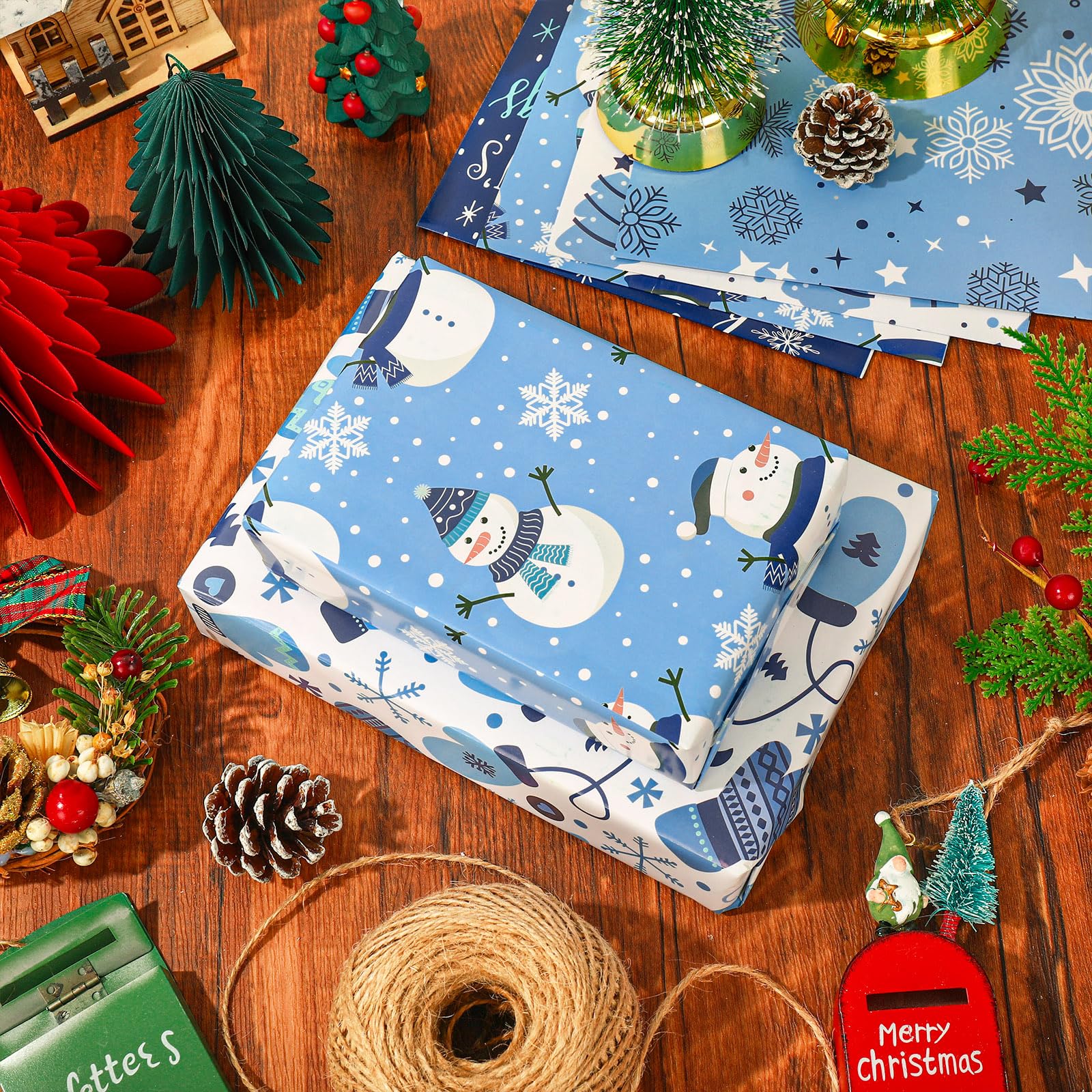 AnyDesign 12 Sheet Christmas Wrapping Paper Blue White Winter Gift Wrap Paper Bulk Snowman Snowflakes Xmas Tree Art Paper, 27.6 x 19.7 Inch, Folded Flat