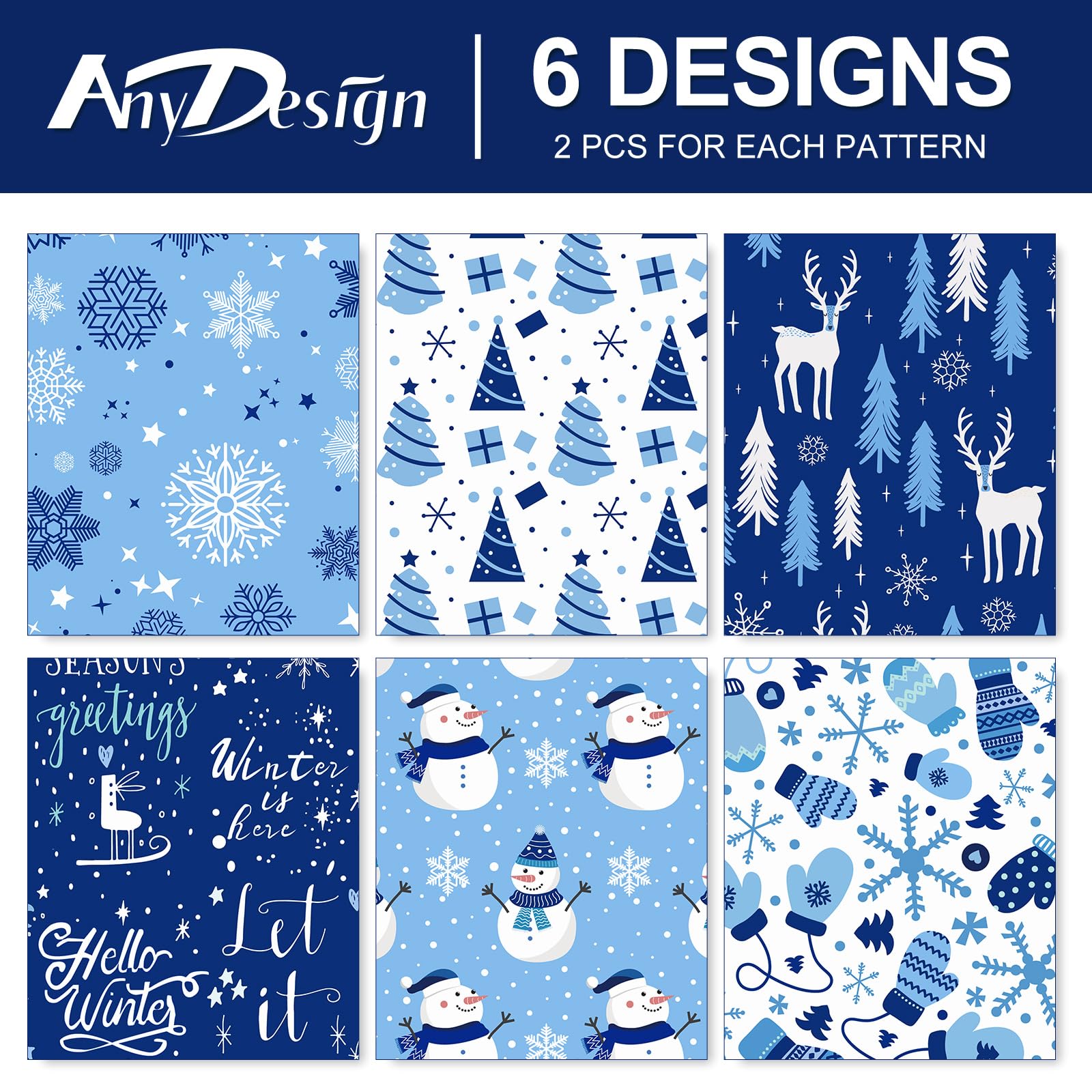 AnyDesign 12 Sheet Christmas Wrapping Paper Blue White Winter Gift Wrap Paper Bulk Snowman Snowflakes Xmas Tree Art Paper, 27.6 x 19.7 Inch, Folded Flat