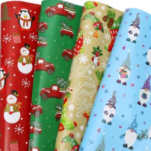 U'COVER Christmas Wrapping Paper for Kids Boys Girls 8 Large Sheet Xmas Holiday Gift Wrapping Paper Penguin Snowman Red Truck Gnomes Stocking Wrap Paper Fold 27 * 36inch