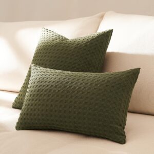 Topfinel Olive Green Lumber Decorative Throw Pillow Covers 12x20, Rectangular Dark Green Cotton Waffle forest Green Cushion Covers Boho Farmhouse Long Pillows for Bed Couch Sofa, Balcony Porch 2PC