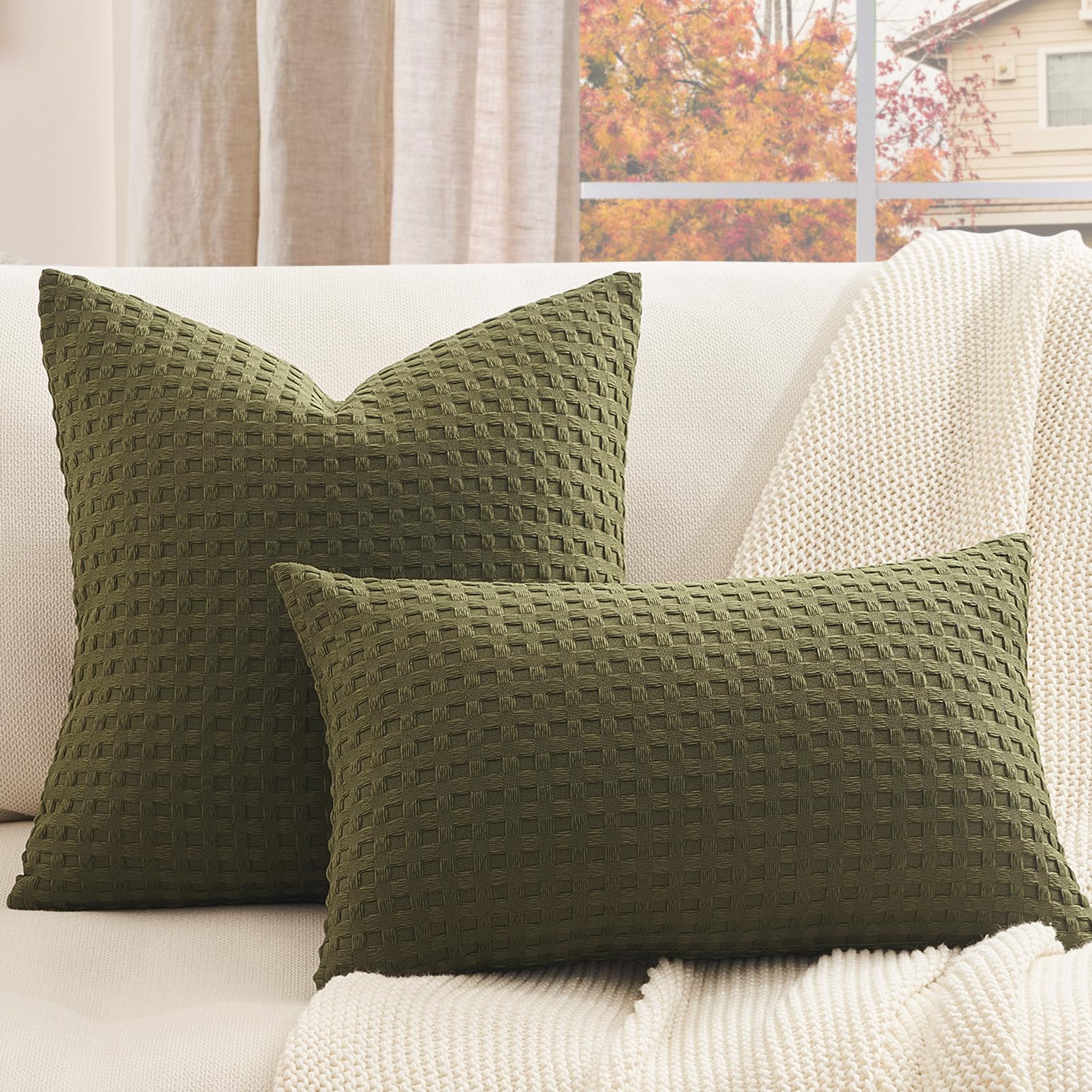 Topfinel Olive Green Lumber Decorative Throw Pillow Covers 12x20, Rectangular Dark Green Cotton Waffle forest Green Cushion Covers Boho Farmhouse Long Pillows for Bed Couch Sofa, Balcony Porch 2PC