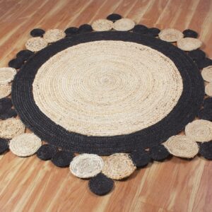 CASAVANI Collection Circle Area Rug - 10 Ft' Round Black Natural Jute Mat Geometric Kilim Rug Indoor Outdoor Use Mat Flatweave Rugs for Bedroom Bedside Round Dining Table Mat Hall & Kitchen