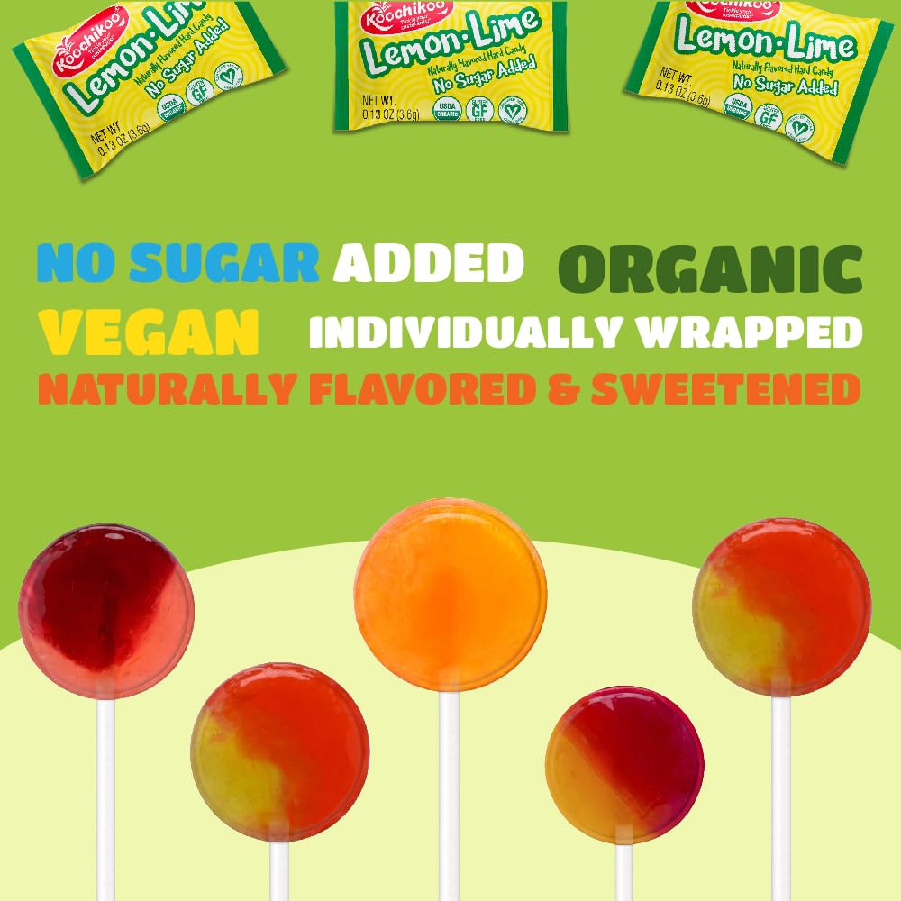 Koochikoo Organic Sugar-Free Lollipops and Hard Candy, Assorted Fruit Flavors, Gluten-Free, Vegan, (46 cnt) 8-Ounce Pack