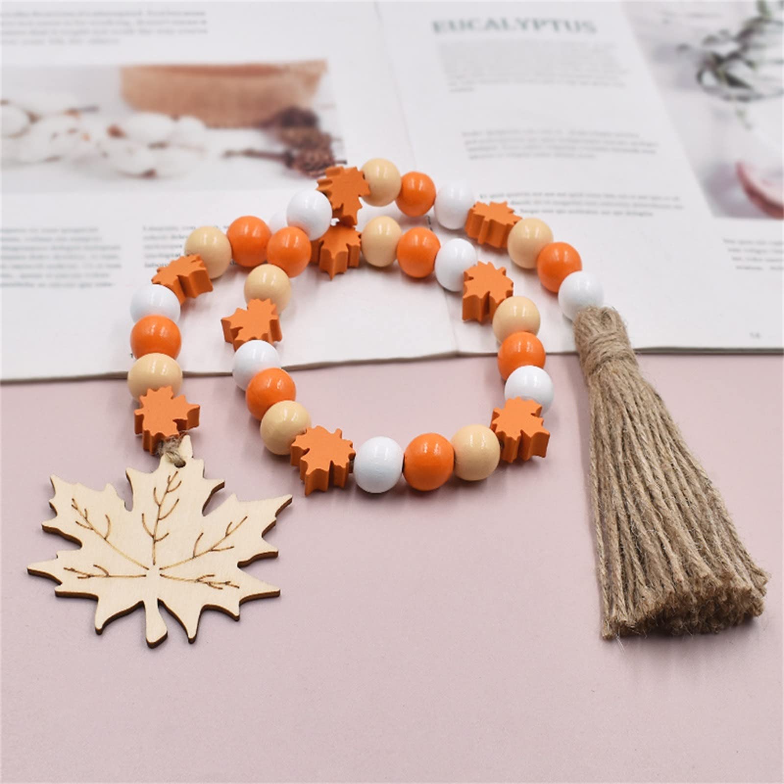 Thanksgiving Wood Beads Garland with Tassel Maple Leaves Pendant, Thanksgiving Day Wooden Bead Garland Wreath Wall Hanging for Home Party Wood Hanging Beads Ornaments