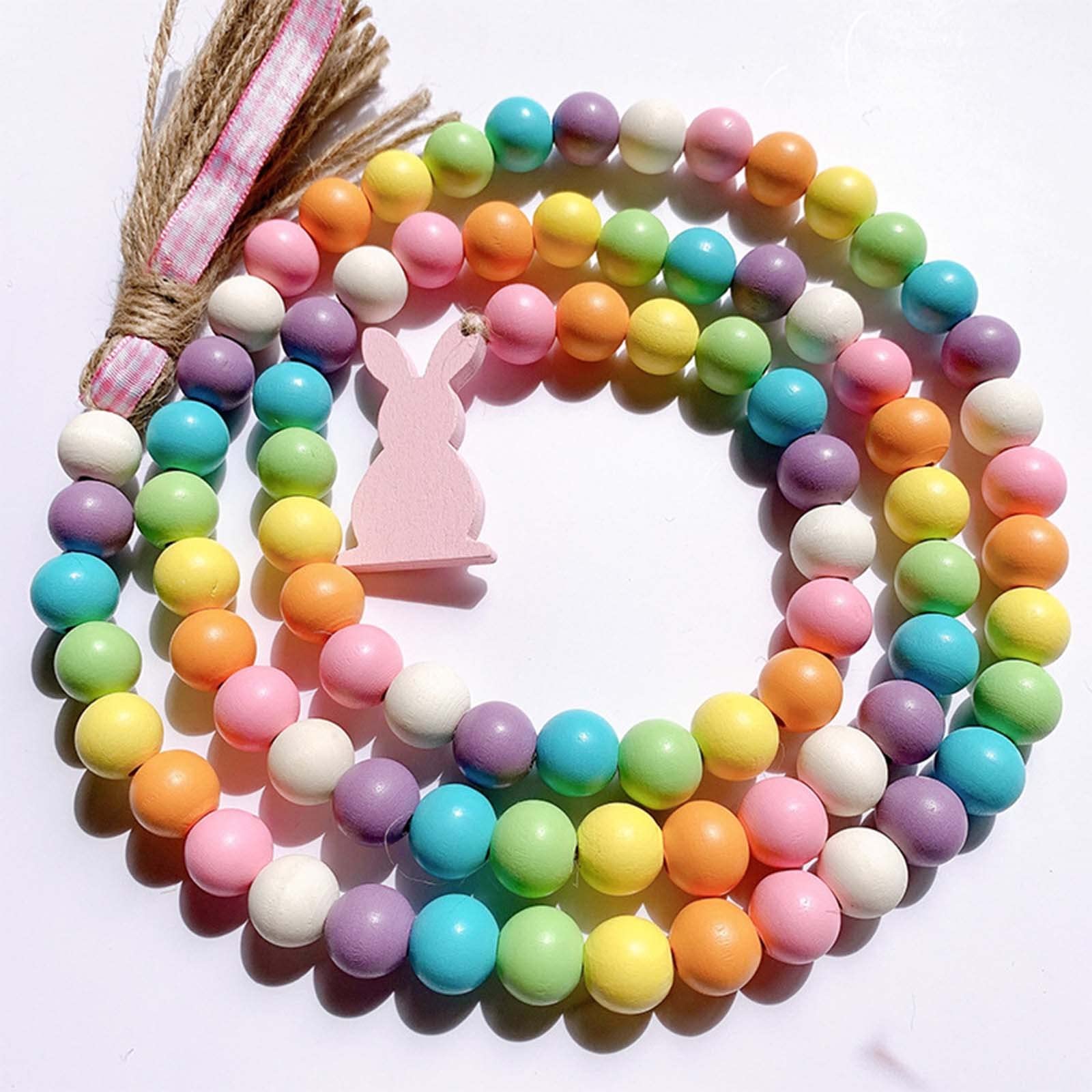 Easter Wood Bead Garland, Table Prayer Beaded with Rustic Tassel, Easter Wood Bead Tassel Garland Hanging Ornaments Decor for Rustic Easter Partyvase Wall Display (A02)