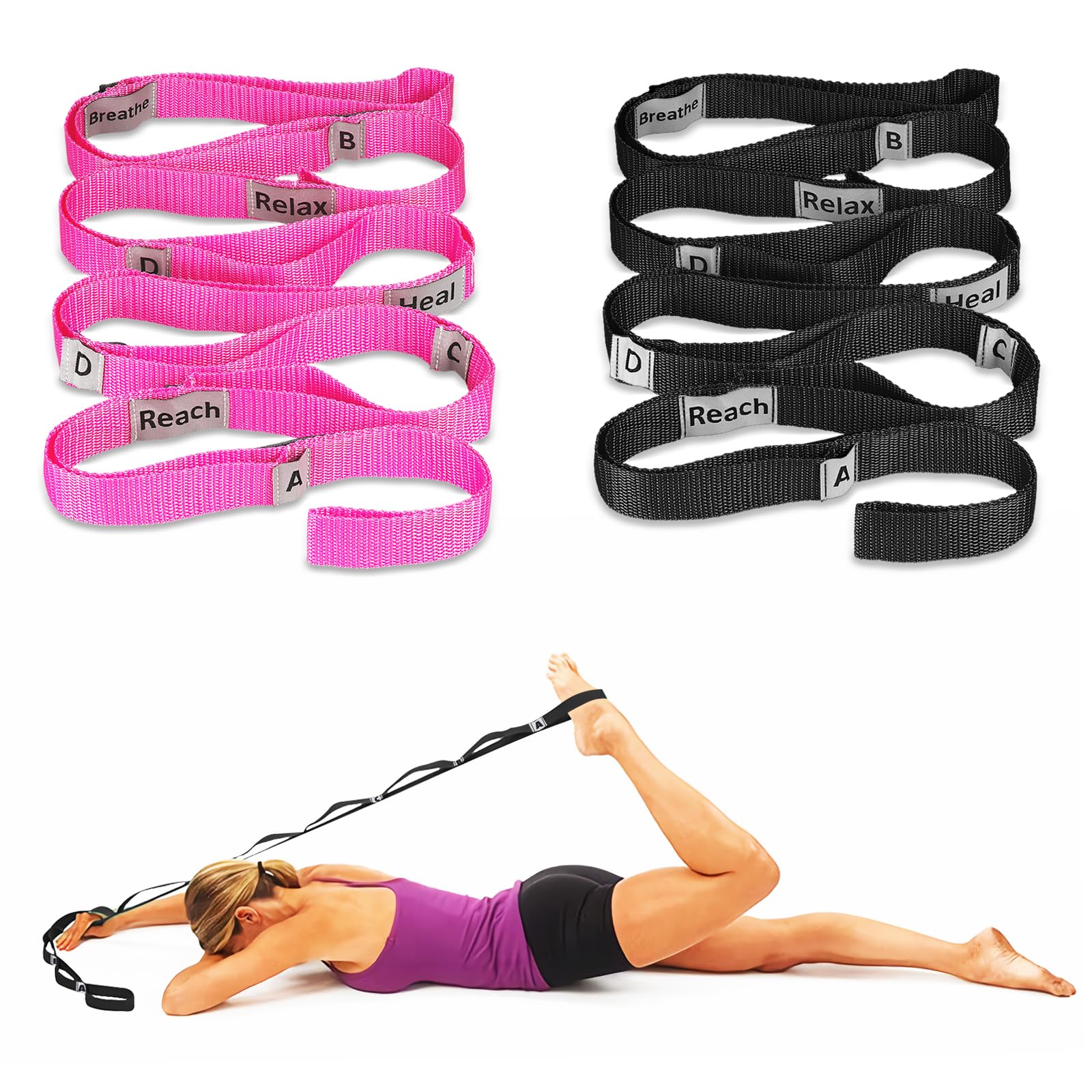 LXLOVESM 2 Pack Stretching Straps Yoga Strap for Physical Therapy,10 Loops Non-Elastic Stretch Bands for Exercise, Pilates, Dance,Gymnastics,with Letters & Inspirational Remarks (Pink+Black)