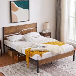 VECELO Platform Bed Frame Queen Size with Rustic Wood Headboard, Strong Metal Slats Support No Box Spring Needed, Easy Assembly