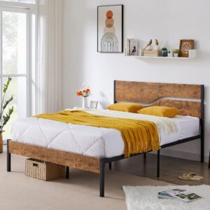 VECELO Platform Bed Frame Queen Size with Rustic Wood Headboard, Strong Metal Slats Support No Box Spring Needed, Easy Assembly