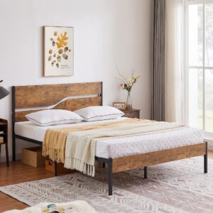 VECELO Platform Bed Frame Queen Size with Rustic Wood Headboard, Strong Metal Slats Support No Box Spring Needed, Easy Assembly