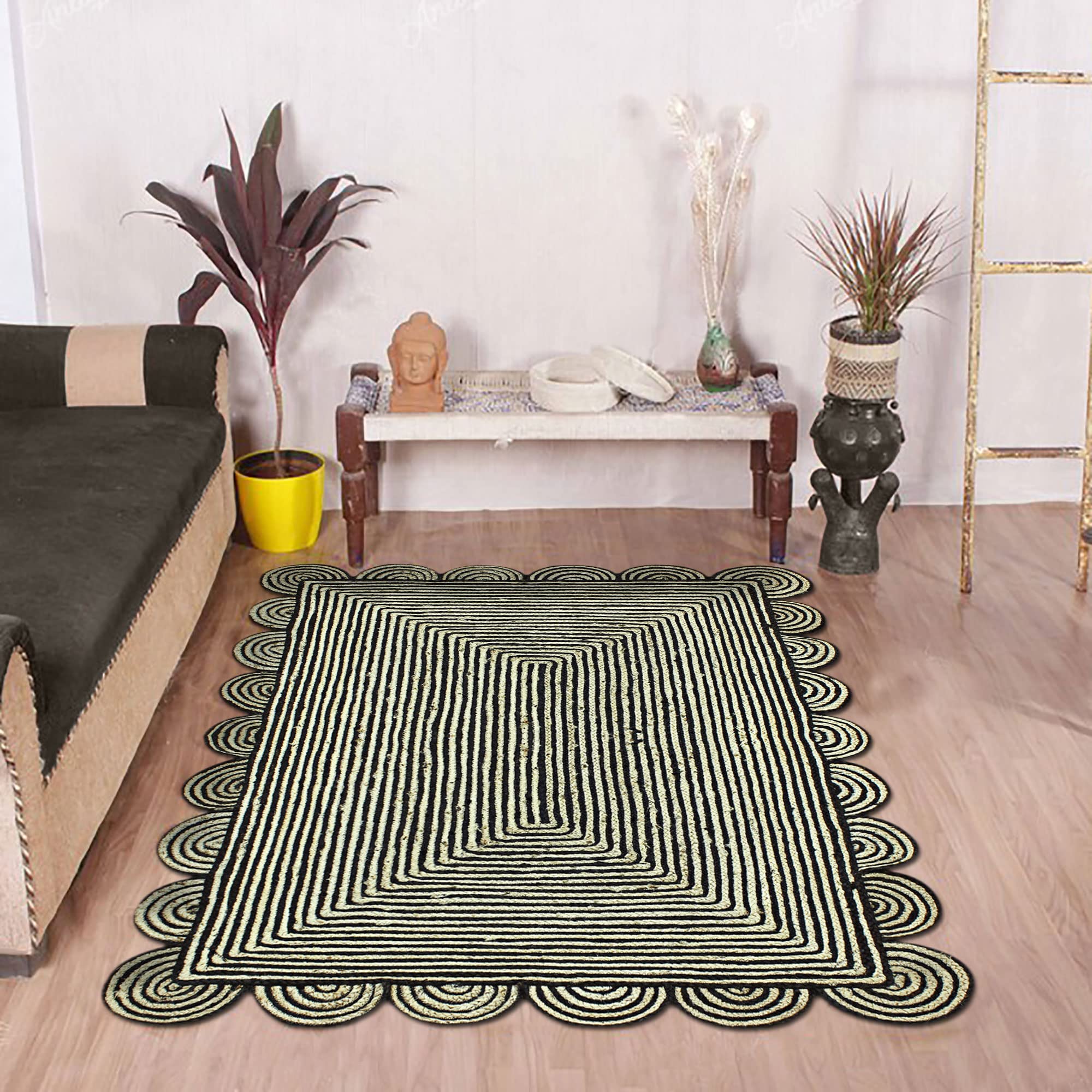 CASAVANI Collection Square Area Rug - 10x10 Feet Black Braided Jute Rug Geometric Kilim Rug Indoor Outdoor Use Carpet Flatweave Rugs for Bedroom Bedside Custom Mat Dining Table Mat