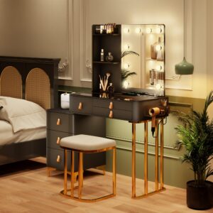 fredees makeup vanity with lights-vanity desk with 10 light bulbs&3 color lighting modes-black vanity desk with storage dresser-makeup table with mirror and chair-dressing table with glam glass top