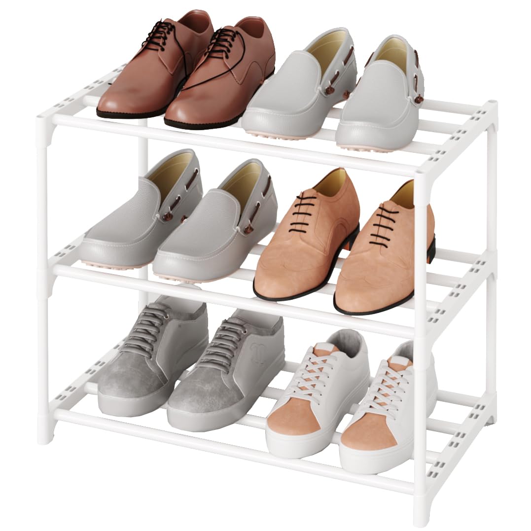 TAUEHR Small Stackable Shoe Rack,Narrow Kids Shoe Stand,Metal Shoe Storage Shelf for 6-8 Pairs of Shoes Entryway and Closet Hallway (3-Tier, White)