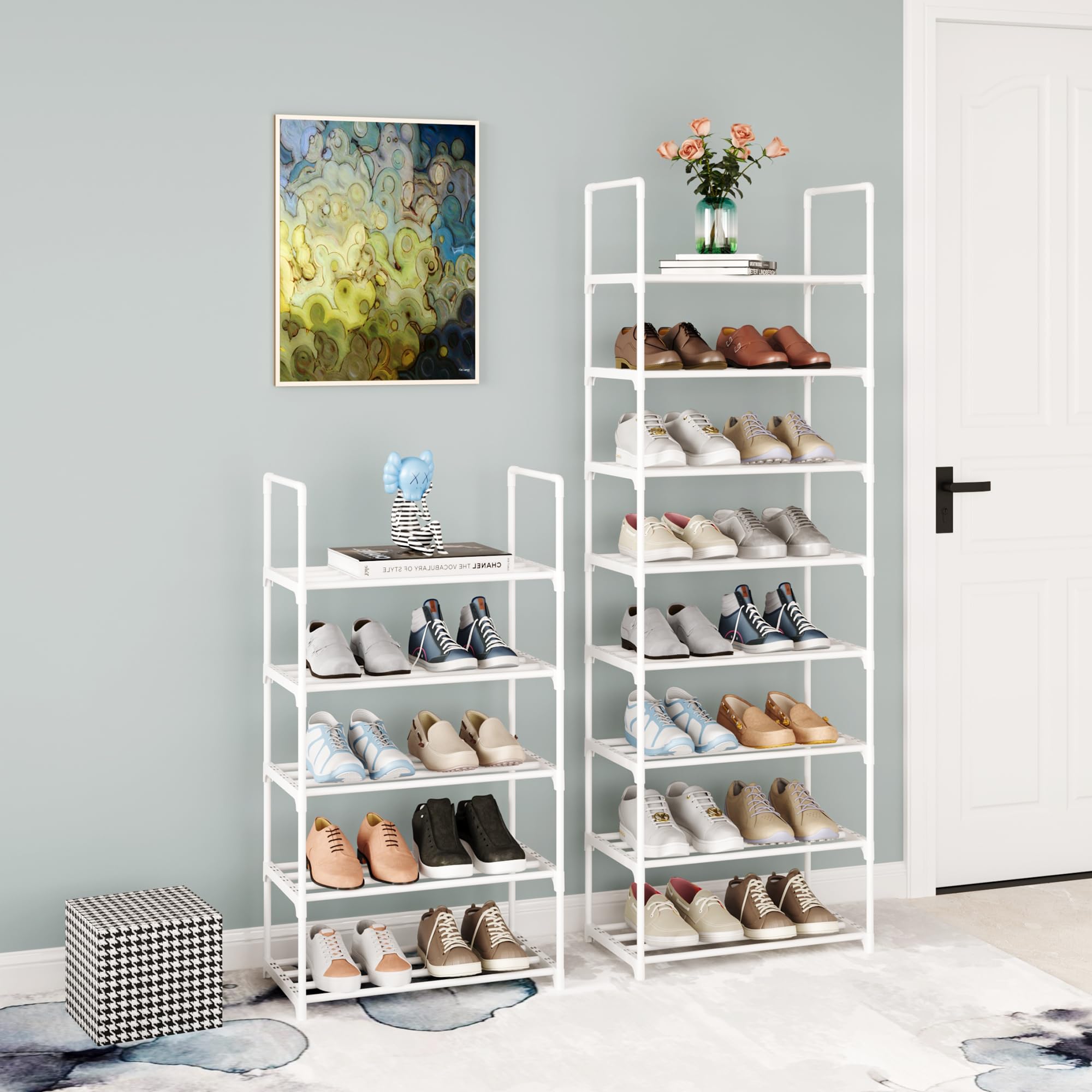 TAUEHR Small Stackable Shoe Rack,Narrow Kids Shoe Stand,Metal Shoe Storage Shelf for 6-8 Pairs of Shoes Entryway and Closet Hallway (3-Tier, White)