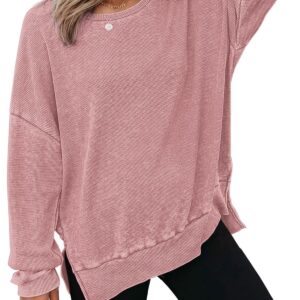 Dokotoo Womens Waffle Knit Oversized Crewneck Sweatshirt for Women Trendy Side Split Long Sleeve Pullover High Low Slouchy Fit Casual Cute Sweatshirts Tops Fall Outfits Clothes 2024 Pink Medium