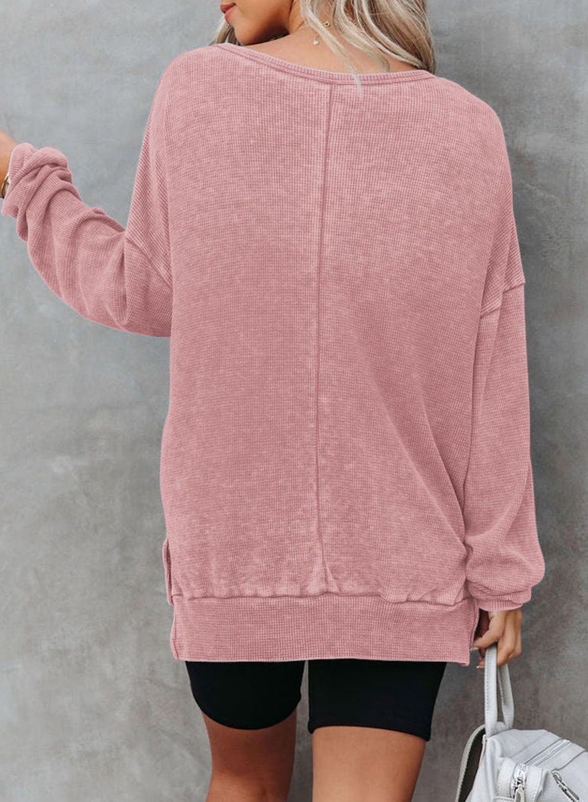 Dokotoo Womens Waffle Knit Oversized Crewneck Sweatshirt for Women Trendy Side Split Long Sleeve Pullover High Low Slouchy Fit Casual Cute Sweatshirts Tops Fall Outfits Clothes 2024 Pink Medium