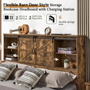 VanAcc Queen Size Bed Frame, Wooden Platform Storage Bed with 51.2" Bookcase Headboard, 2 Drawers, Charging Station/No Box Spring Needed/Noise Free(Rustic Brown)