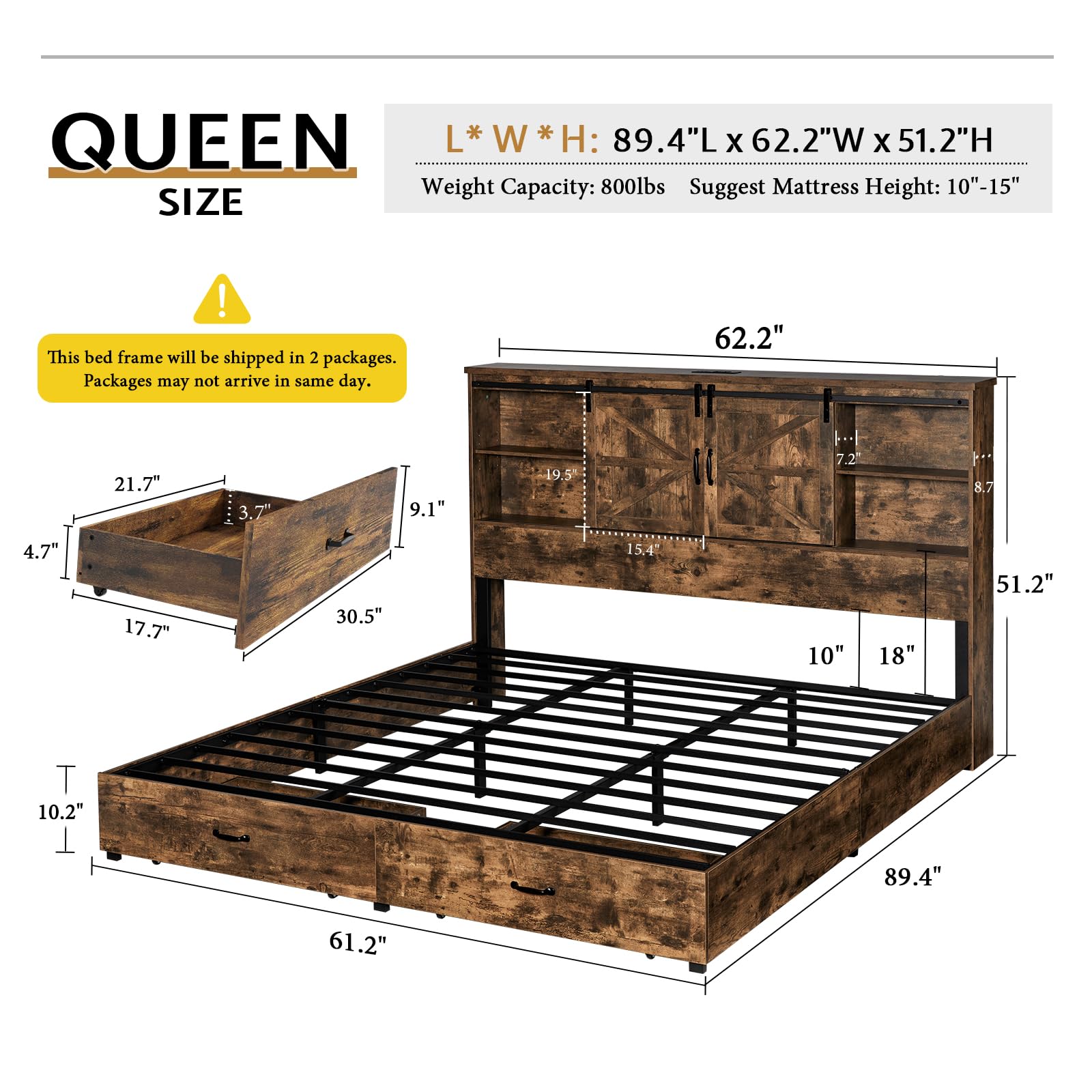 VanAcc Queen Size Bed Frame, Wooden Platform Storage Bed with 51.2" Bookcase Headboard, 2 Drawers, Charging Station/No Box Spring Needed/Noise Free(Rustic Brown)