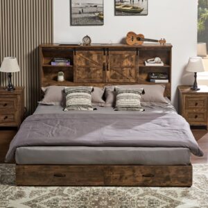 VanAcc Queen Size Bed Frame, Wooden Platform Storage Bed with 51.2" Bookcase Headboard, 2 Drawers, Charging Station/No Box Spring Needed/Noise Free(Rustic Brown)