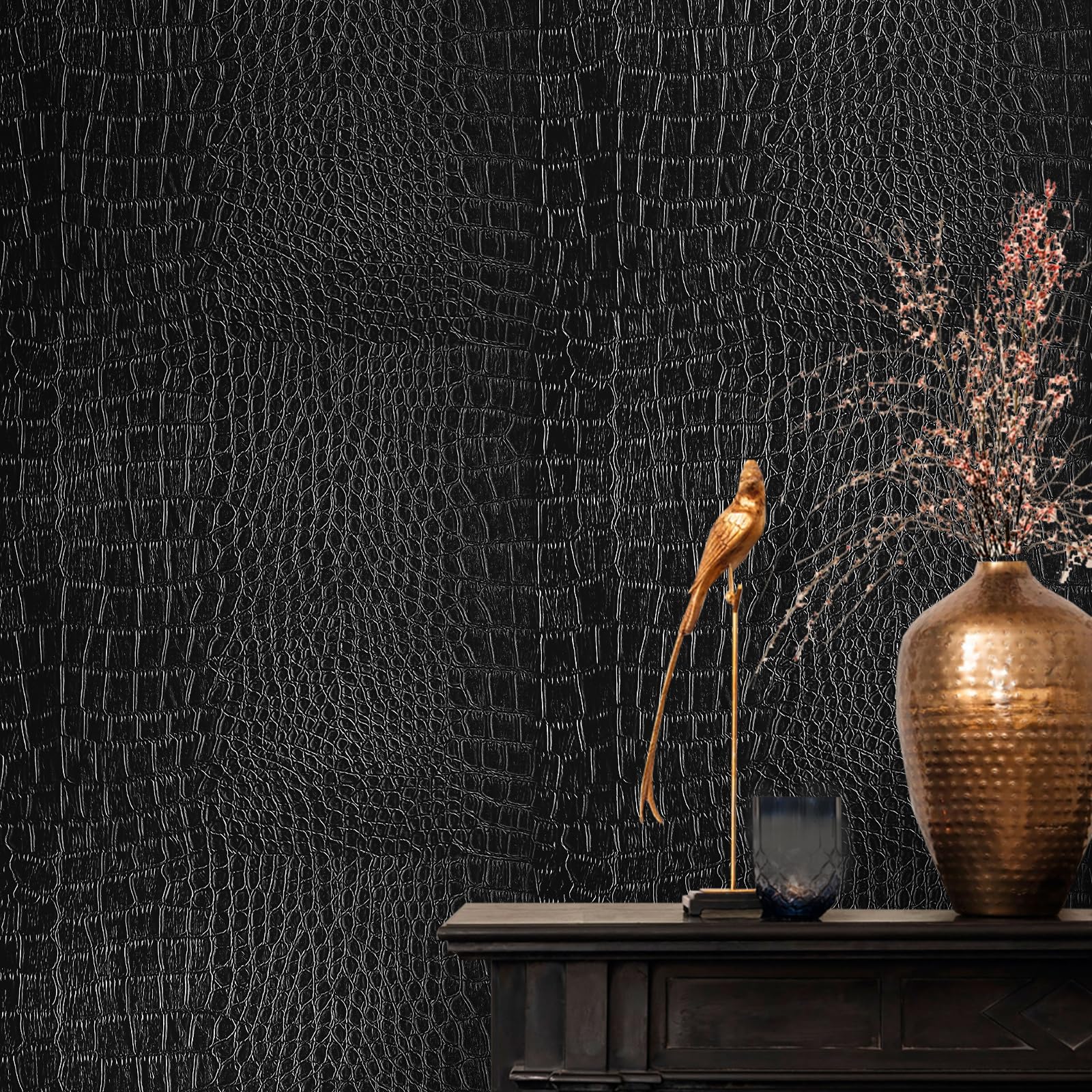 Nukofal Black Wallpaper Peel and Stick Crocodile Wallpaper Black Contact Paper Embossed Wallpaper Textured Wallpaper Peel and Stick Self Adhesive Removable Contact Paper for Walls 15.7inch X 118.1inch