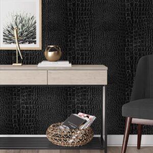 Nukofal Black Wallpaper Peel and Stick Crocodile Wallpaper Black Contact Paper Embossed Wallpaper Textured Wallpaper Peel and Stick Self Adhesive Removable Contact Paper for Walls 15.7inch X 118.1inch