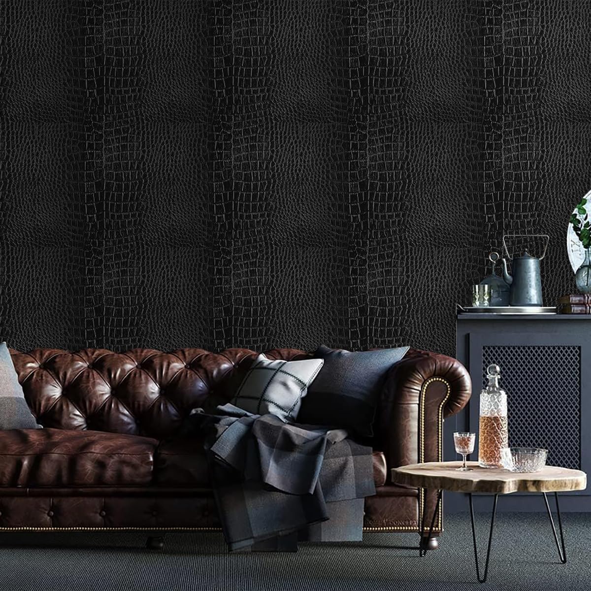 Nukofal Black Wallpaper Peel and Stick Crocodile Wallpaper Black Contact Paper Embossed Wallpaper Textured Wallpaper Peel and Stick Self Adhesive Removable Contact Paper for Walls 15.7inch X 118.1inch