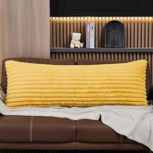 WERDIM Yellow Striped Body Pillow Cover 21x54 Long Body Pillow Case, Plush Fluffy Faux Fur Body Pillowcase Cover with Zipper, Soft Rectangular Pillow Cover for Pregnant Women Side Sleeper