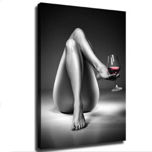 canvas wall art beauty woman wine glass painting black white beautiful girl pictures modern abstract posters prints artwork home decor for living room bedroom bathroom (12×18inch-no framed)