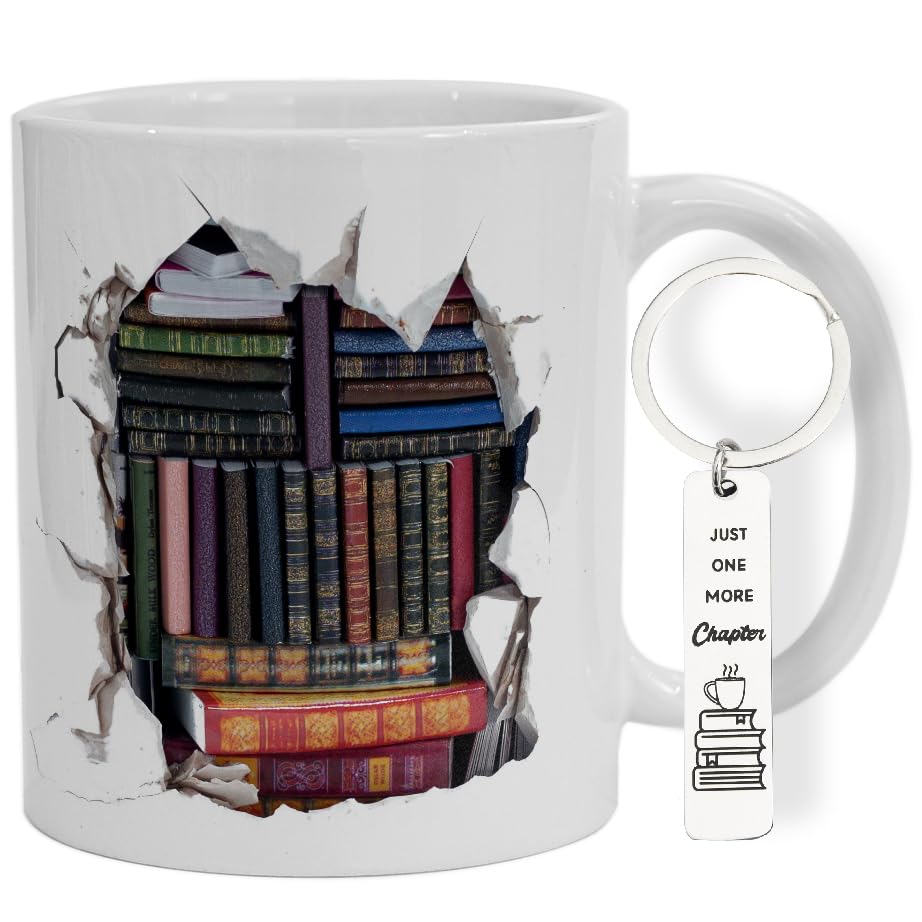 Library Bookshelf Coffee Mug Gifts for Book Lovers, Readers, Bookish, Birthday, Mothersday, Fathersday, Christmas Library Mug for Cat and Book Lover 3D White Coffee Mug 11Oz With Keychain