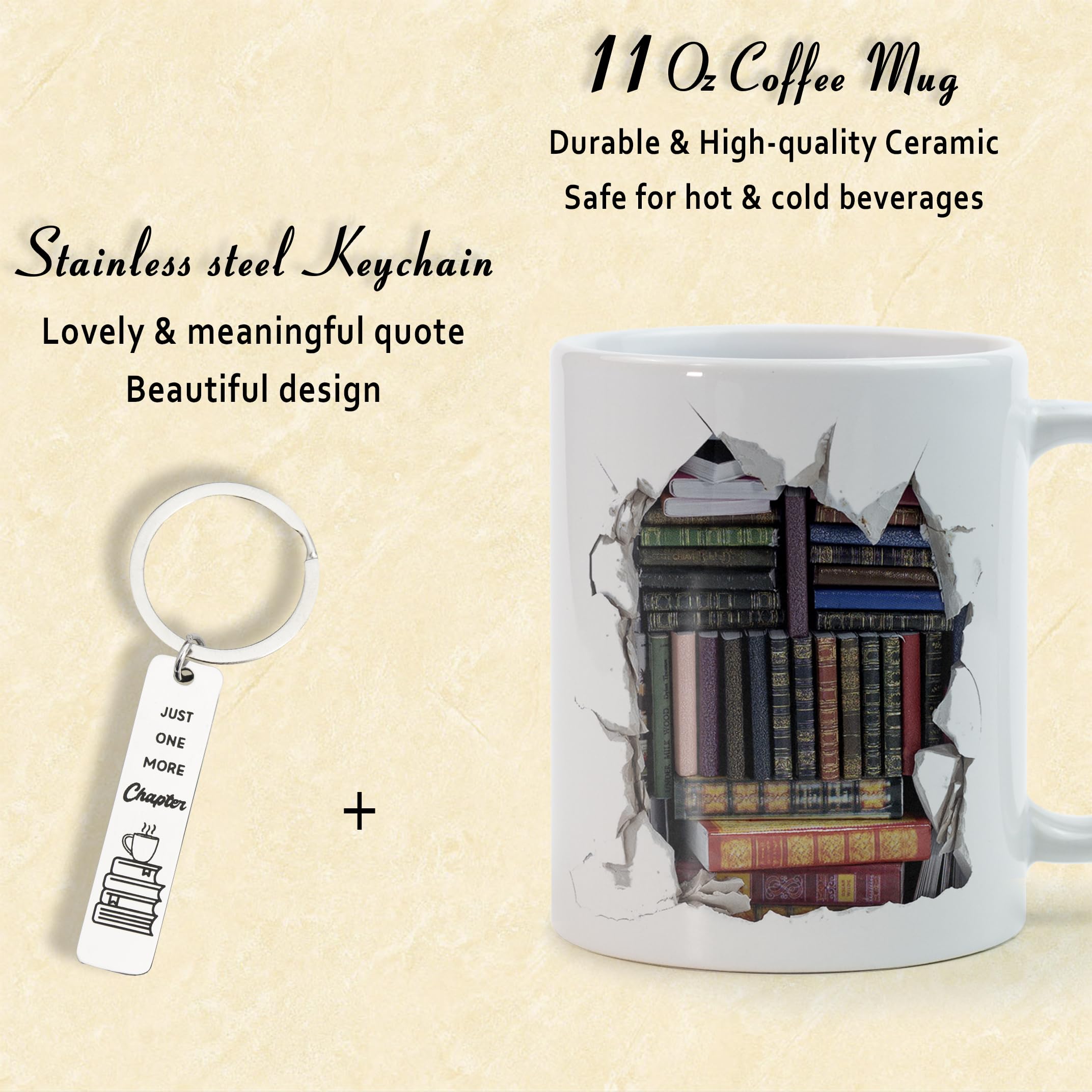 Library Bookshelf Coffee Mug Gifts for Book Lovers, Readers, Bookish, Birthday, Mothersday, Fathersday, Christmas Library Mug for Cat and Book Lover 3D White Coffee Mug 11Oz With Keychain