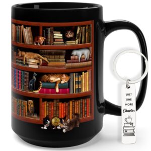 library bookshelf coffee mug gifts for book lovers, readers, bookish, birthday, mothersday, fathersday, christmas library mug for cat and book lover black coffee mug 15oz with keychain