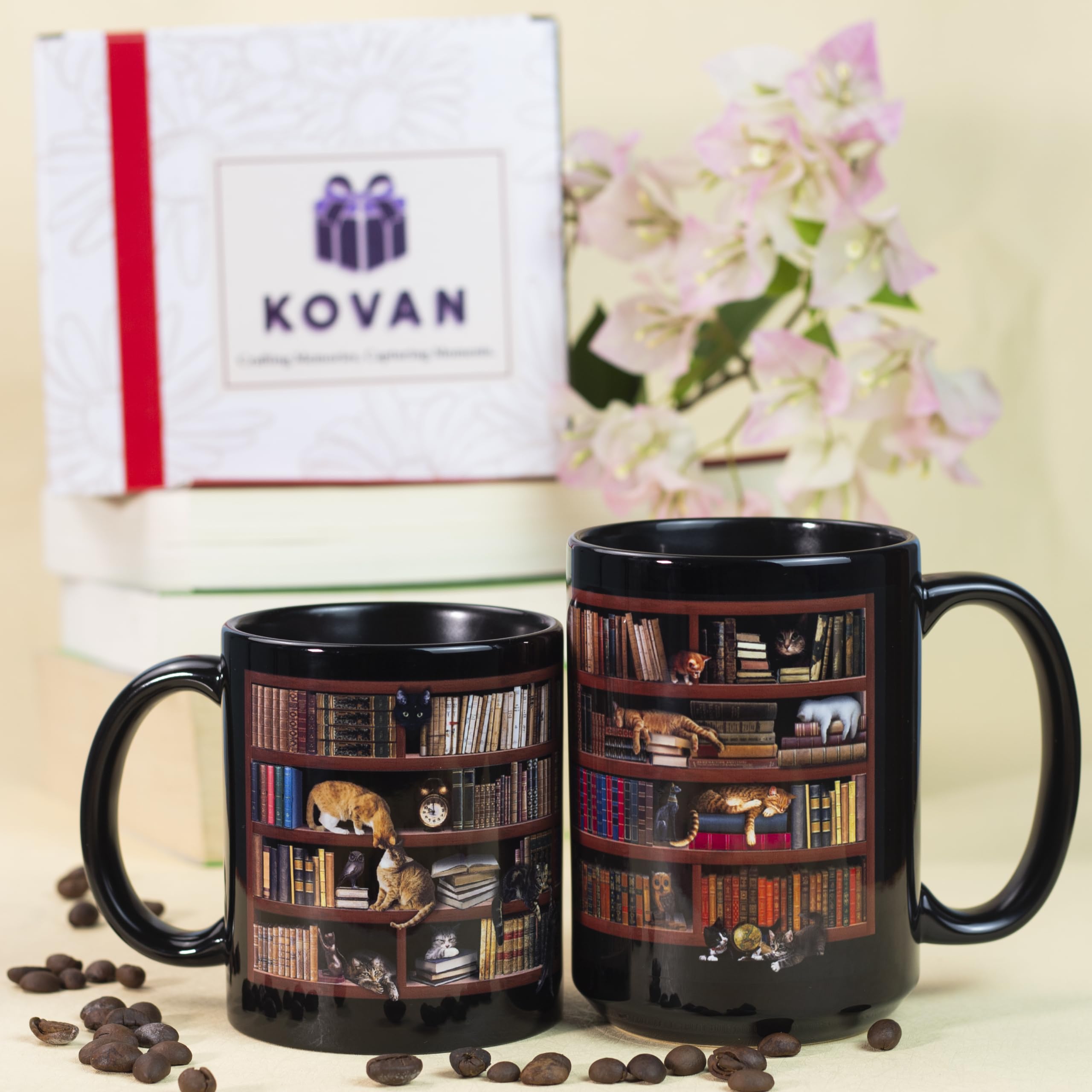 Library Bookshelf Coffee Mug Gifts for Book Lovers, Readers, Bookish, Birthday, Mothersday, Fathersday, Christmas Library Mug for Cat and Book Lover Black Coffee Mug 15Oz With Keychain