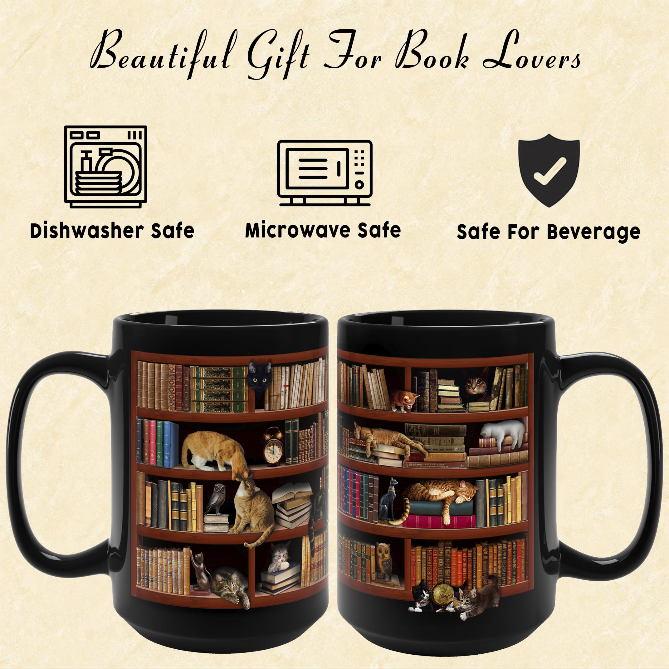 Library Bookshelf Coffee Mug Gifts for Book Lovers, Readers, Bookish, Birthday, Mothersday, Fathersday, Christmas Library Mug for Cat and Book Lover Black Coffee Mug 15Oz With Keychain