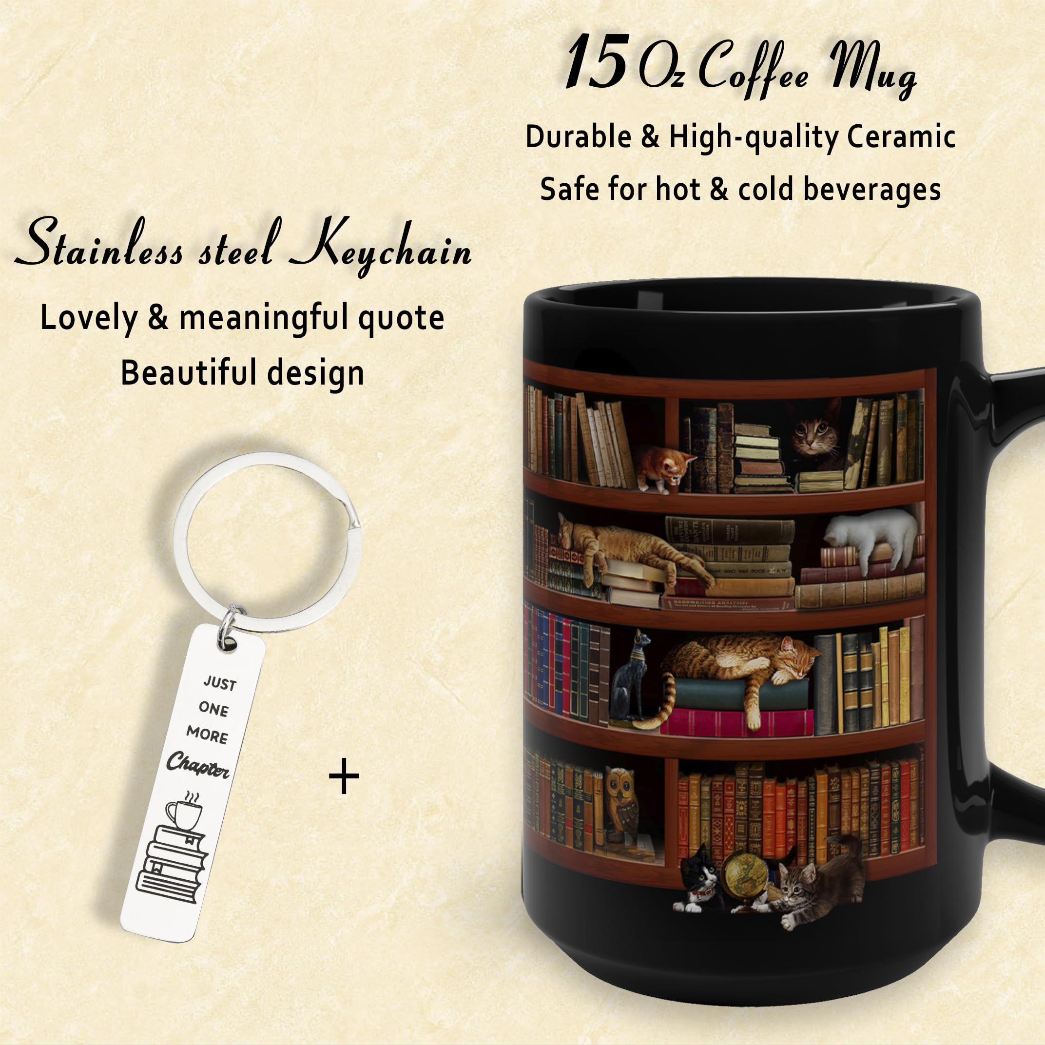 Library Bookshelf Coffee Mug Gifts for Book Lovers, Readers, Bookish, Birthday, Mothersday, Fathersday, Christmas Library Mug for Cat and Book Lover Black Coffee Mug 15Oz With Keychain