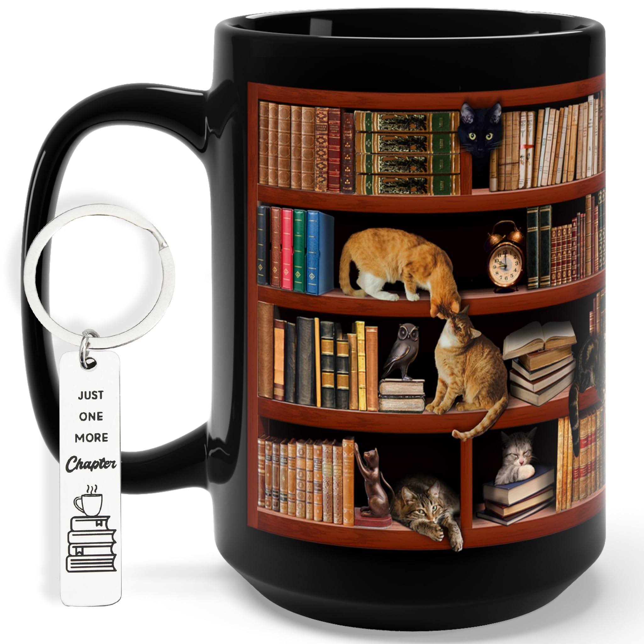 Library Bookshelf Coffee Mug Gifts for Book Lovers, Readers, Bookish, Birthday, Mothersday, Fathersday, Christmas Library Mug for Cat and Book Lover Black Coffee Mug 15Oz With Keychain