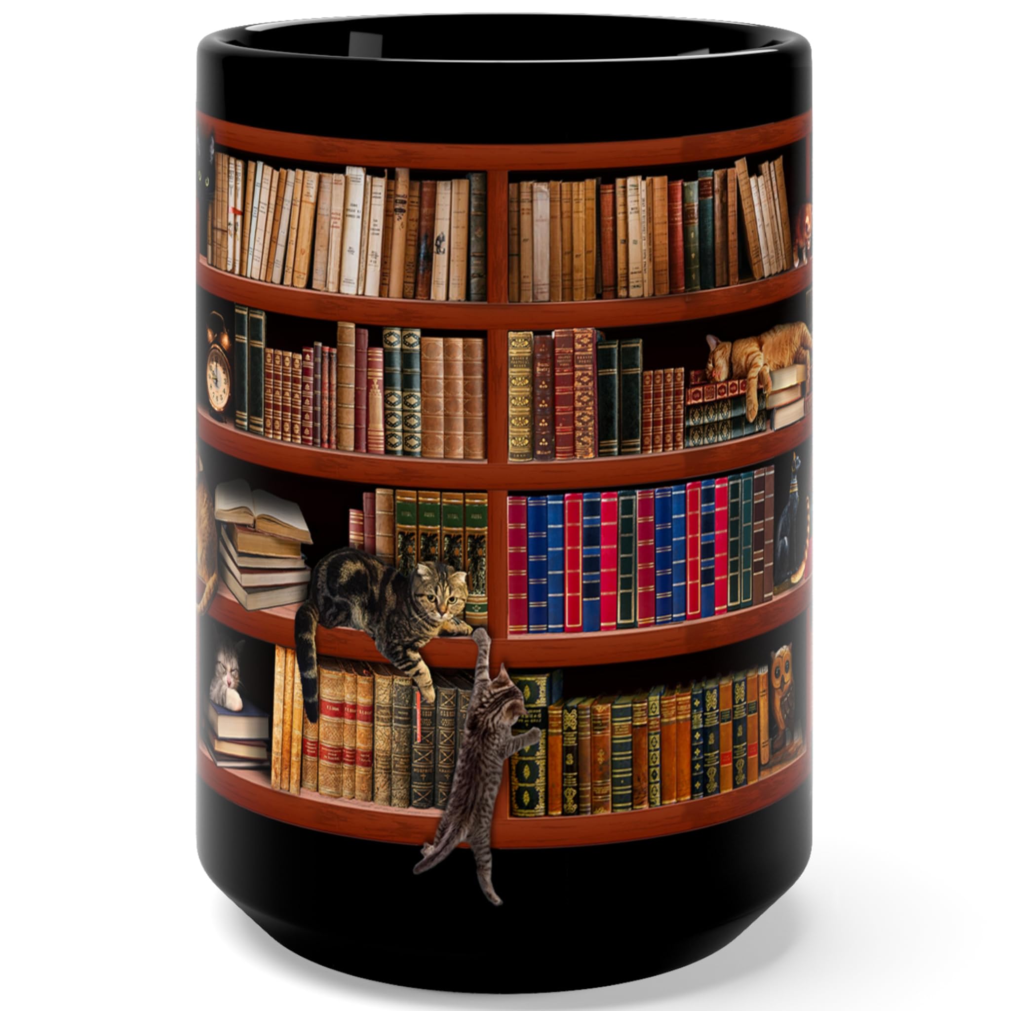 Library Bookshelf Coffee Mug Gifts for Book Lovers, Readers, Bookish, Birthday, Mothersday, Fathersday, Christmas Library Mug for Cat and Book Lover Black Coffee Mug 15Oz With Keychain